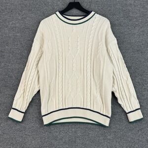 St Michael Cable Knit Sweater Womens M White Cotton Acrylic Contrast Trim